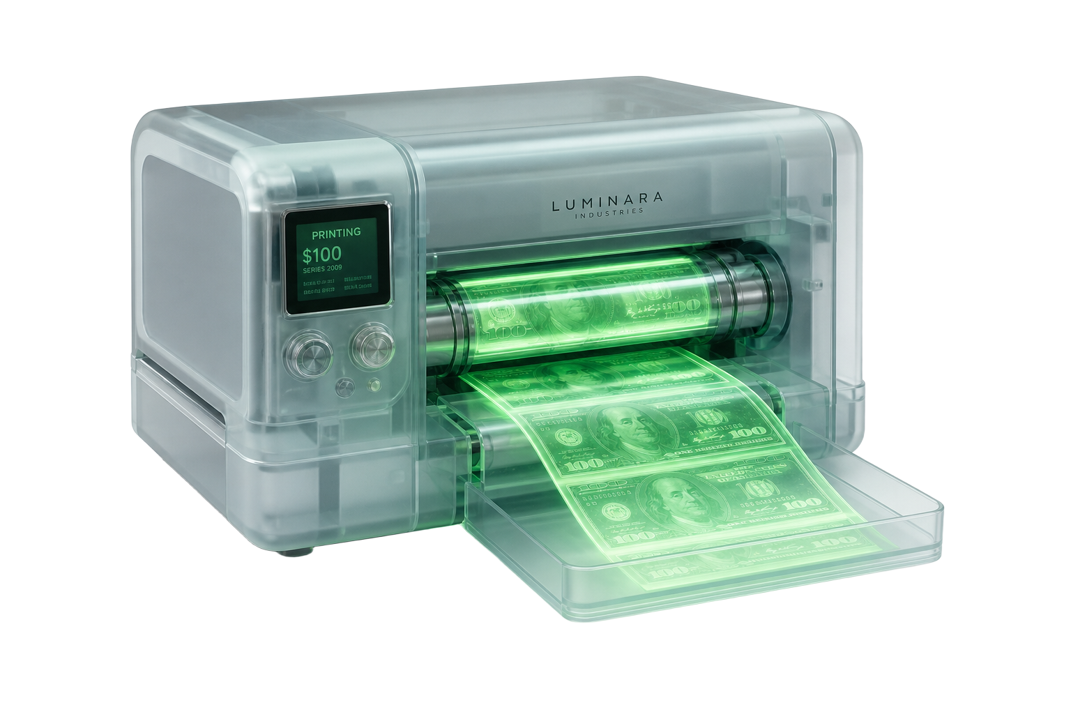 Translucent printing press extruding glowing green dollar bills